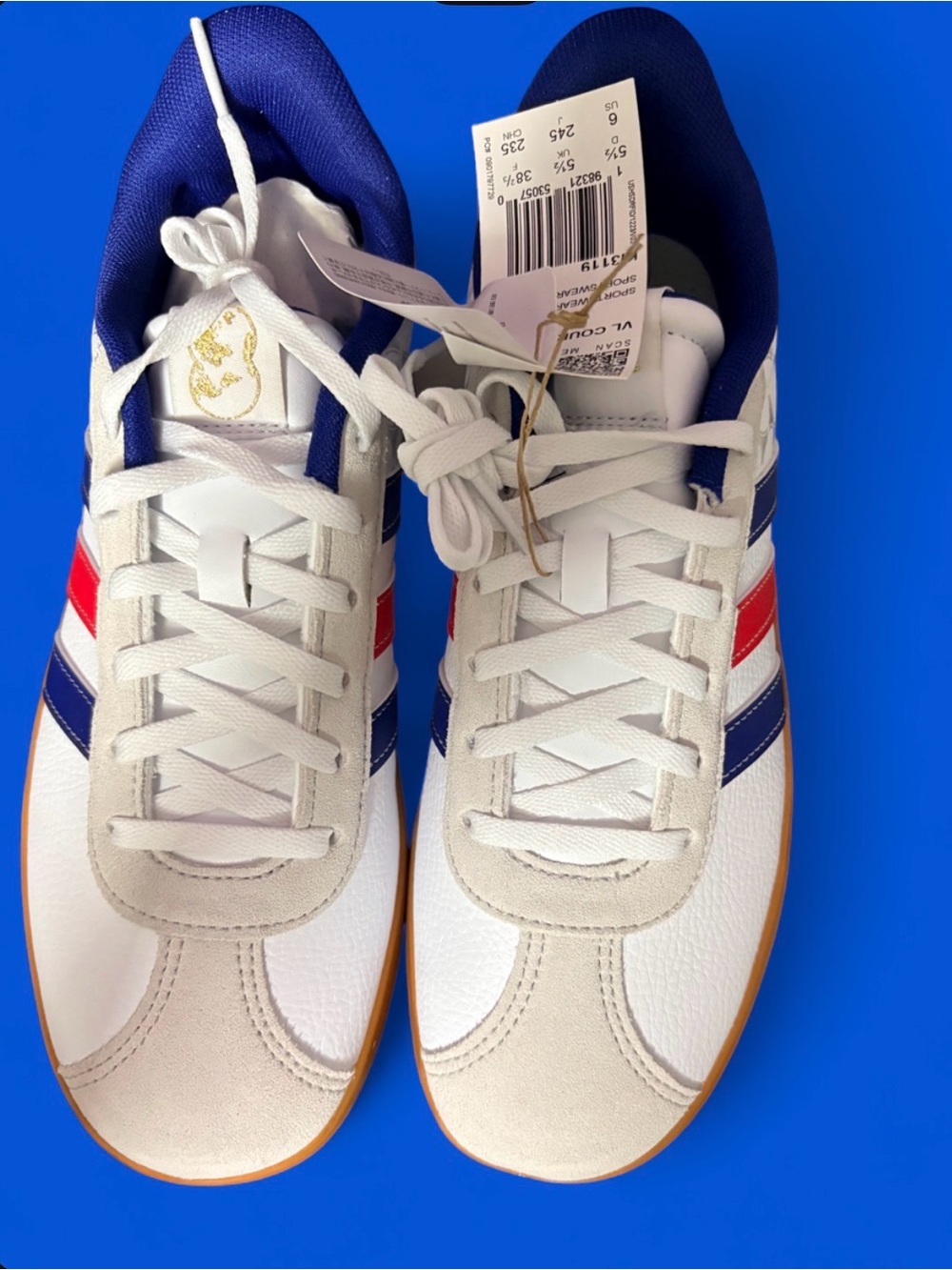 adidas Kids White Sneakers with Red & Blue Stripes